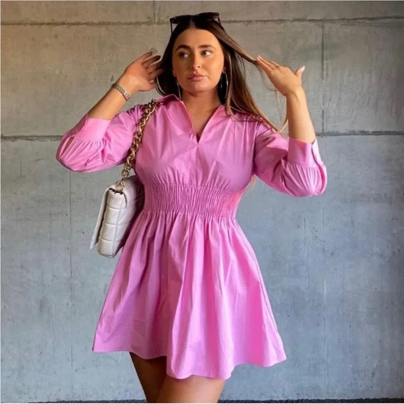 Zara collard v neck pink mini dress — smocked waist long sleeves skater dress - Picture 9 of 15